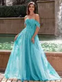 Graceful A-line Off-the-Shoulder Appliques Lace Sweep Train Corset Prom Dress
