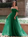 Graceful A-line Off-the-Shoulder Appliques Lace Sweep Train Corset Prom Dress