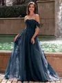 Graceful A-line Off-the-Shoulder Appliques Lace Sweep Train Corset Prom Dress
