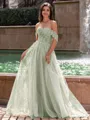 Graceful A-line Off-the-Shoulder Appliques Lace Sweep Train Corset Prom Dress