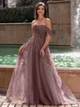 Graceful A-line Off-the-Shoulder Appliques Lace Sweep Train Corset Prom Dress