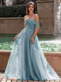 Graceful A-line Off-the-Shoulder Appliques Lace Sweep Train Corset Prom Dress