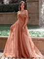 Graceful A-line Off-the-Shoulder Appliques Lace Sweep Train Corset Prom Dress