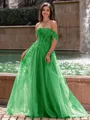 Graceful A-line Off-the-Shoulder Appliques Lace Sweep Train Corset Prom Dress