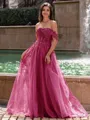 Graceful A-line Off-the-Shoulder Appliques Lace Sweep Train Corset Prom Dress