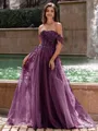 Graceful A-line Off-the-Shoulder Appliques Lace Sweep Train Corset Prom Dress