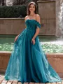 Graceful A-line Off-the-Shoulder Appliques Lace Sweep Train Corset Prom Dress