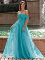 Graceful A-line Off-the-Shoulder Appliques Lace Sweep Train Corset Prom Dress