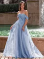Graceful A-line Off-the-Shoulder Appliques Lace Sweep Train Corset Prom Dress