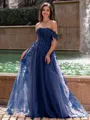 Graceful A-line Off-the-Shoulder Appliques Lace Sweep Train Corset Prom Dress