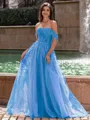 Graceful A-line Off-the-Shoulder Appliques Lace Sweep Train Corset Prom Dress