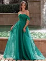 Graceful A-line Off-the-Shoulder Appliques Lace Sweep Train Corset Prom Dress