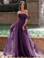 Graceful A-line Off-the-Shoulder Appliques Lace Sweep Train Corset Prom Dress