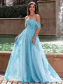 Graceful A-line Off-the-Shoulder Appliques Lace Sweep Train Corset Prom Dress