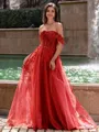 Graceful A-line Off-the-Shoulder Appliques Lace Sweep Train Corset Prom Dress