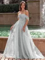Graceful A-line Off-the-Shoulder Appliques Lace Sweep Train Corset Prom Dress