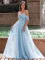 Graceful A-line Off-the-Shoulder Appliques Lace Sweep Train Corset Prom Dress