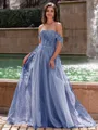 Graceful A-line Off-the-Shoulder Appliques Lace Sweep Train Corset Prom Dress