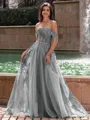 Graceful A-line Off-the-Shoulder Appliques Lace Sweep Train Corset Prom Dress