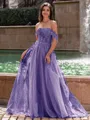 Graceful A-line Off-the-Shoulder Appliques Lace Sweep Train Corset Prom Dress