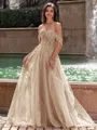 Graceful A-line Off-the-Shoulder Appliques Lace Sweep Train Corset Prom Dress