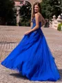 Stunning A-line V-Neck Appliques Lace Sweep Train Tulle Prom Dress