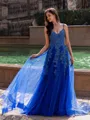 Stunning A-line V-Neck Appliques Lace Sweep Train Tulle Prom Dress