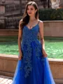 Stunning A-line V-Neck Appliques Lace Sweep Train Tulle Prom Dress