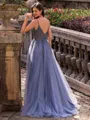 Polished A-line V-Neck Beading Sweep Train Tulle Prom Dress