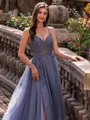 Polished A-line V-Neck Beading Sweep Train Tulle Prom Dress