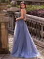 Polished A-line V-Neck Beading Sweep Train Tulle Prom Dress