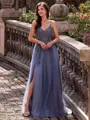 Polished A-line V-Neck Beading Sweep Train Tulle Prom Dress
