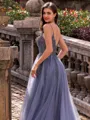 Polished A-line V-Neck Beading Sweep Train Tulle Prom Dress