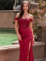 Refined Sheath Off-the-Shoulder Appliques Lace Sweep Train Silk like Satin Corset Prom Dress