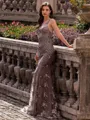 Stunning Sheath V-Neck Sequin Sweep Train Lace Prom Dress