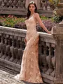 Stunning Sheath V-Neck Sequin Sweep Train Lace Prom Dress