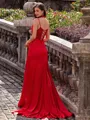 Impeccable Sheath Spaghetti Straps Appliques Lace Sweep Train Silk Like Satin Corset Prom Dress