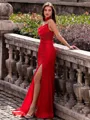 Impeccable Sheath Spaghetti Straps Appliques Lace Sweep Train Silk Like Satin Corset Prom Dress