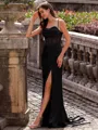 Modest Sheath Spaghetti Straps Pleated Sweep Train Silk Like Satin Corset Prom Dress