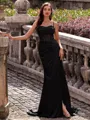 Modest Sheath Spaghetti Straps Pleated Sweep Train Silk Like Satin Corset Prom Dress