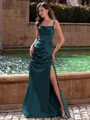 Rhythmic Sheath Spaghetti Straps Pleated Floor-Length Satin Prom Dress