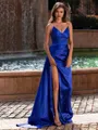 Polished Sheath V-Neck Pleated Sweep Train Silk like Satin Prom Dress