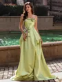 Refined A-line Straight Flower Sweep Train Satin Prom Dress