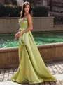 Refined A-line Straight Flower Sweep Train Satin Prom Dress