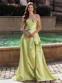 Refined A-line Straight Flower Sweep Train Satin Prom Dress