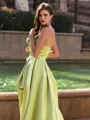 Refined A-line Straight Flower Sweep Train Satin Prom Dress