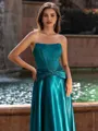 Understated A-line Straight Pleated Sweep Train Silk like Satin Corset Prom Dress