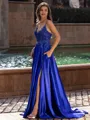 Gracious A-line V-Neck Appliques Lace Sweep Train Silk like Satin Prom Dress