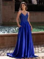 Gracious A-line V-Neck Appliques Lace Sweep Train Silk like Satin Prom Dress