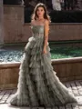 Gracious A-line Straight Sequin Sweep Train Corset Prom Dress